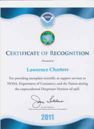 Special certificate awarded for work during the Deepwater Horizon oil spill.