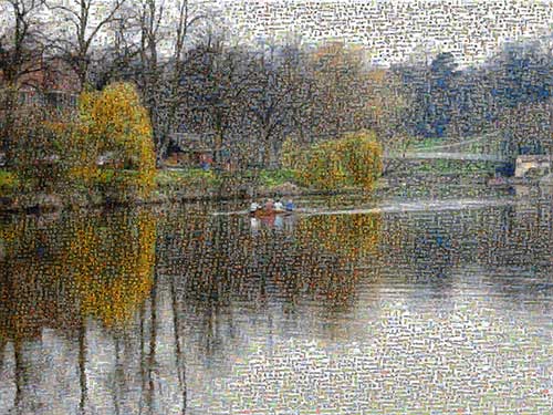 Very large photo mosaic of the River Severn in Shrewsbury and a rowing shell
