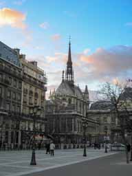 Sainte Chapelle (Holy Chapel) is within the Palais de Justice compound on the Ile de la Cite in the heart of Paris. While the spire is impressive, the true glory is inside: spectacular stained glass windows. © 2005 Lykara I. Charters