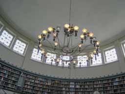 Chandelier and skylights for the library. The original chandelier could be run by either gas or electricity. The library makes superb use of natural lighting. Photo © Lawrence I. Charters